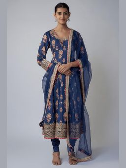 Gopi Vaid - Soha Navy Blue Floral Anarkali Kurta with Churidar and Dupatta
