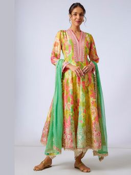 Gopi Vaid - Nasreen Multi-Colour Floral Anarkali Kurta with Dhoti Pant and Dupatta