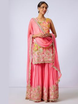 Gopi Vaid - Kalki Pink Floral Kurta with Sharara and Dupatta