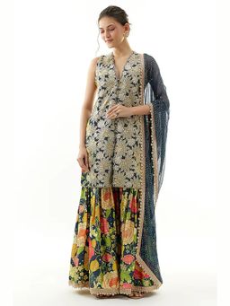 Gopi Vaid - Radhika Blue Floral Kurta with Sharara and Dupatta