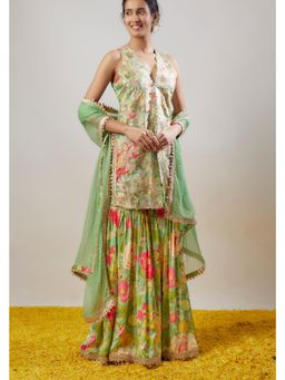 Gopi Vaid - Radhika Green Floral Kurta with Sharara and Dupatta