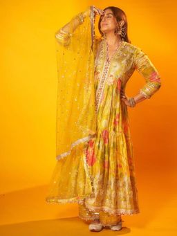 Gopi Vaid - Huma Yellow Floral Anarkali Kurta with Palazzo and Dupatta