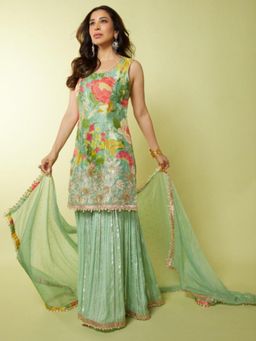 Gopi Vaid - Sofina Green Floral Kurta with Sharara and Dupatta