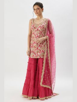Gopi Vaid - Gita Red Embroidered Kurta with Sharara and Dupatta