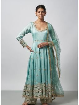 Gopi Vaid - Fahar Blue Embroidered Anarkali Kurta with Palazzo and Dupatta
