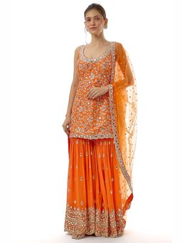 Gopi Vaid - Soneera Orange Embroidered Kurta with Sharara and Dupatta
