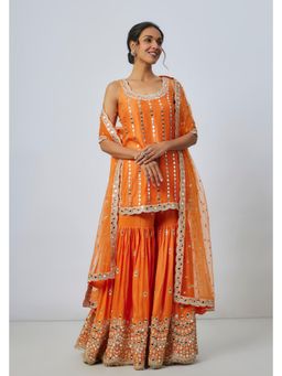 Gopi Vaid - Hrida Orange Embroidered Kurta with Sharara and Dupatta