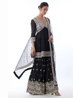 Gopi Vaid - Inika Black Embroidered Kurta with Sharara and Dupatta