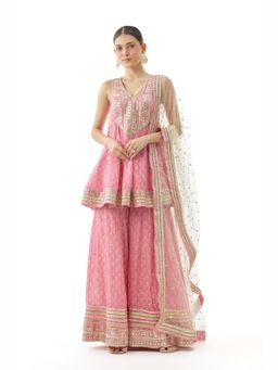 Gopi Vaid - Simoni Pink Embroidered Kurta with Sharara and Dupatta
