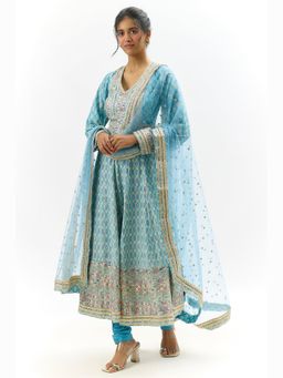Gopi Vaid - Prisha Blue Embroidered Anarkali Kurta with Churidar and Dupatta