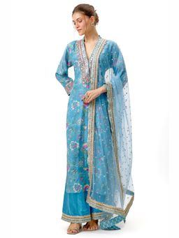 Gopi Vaid - Krishna Blue Floral Kurta with Palazzo and Dupatta