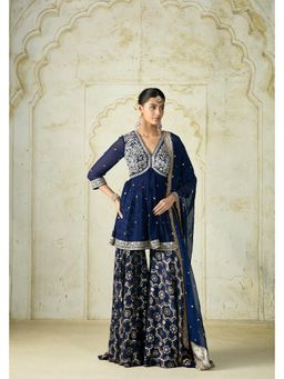 Gopi Vaid - Rida Blue Embroidered Kurta with Sharara and Dupatta