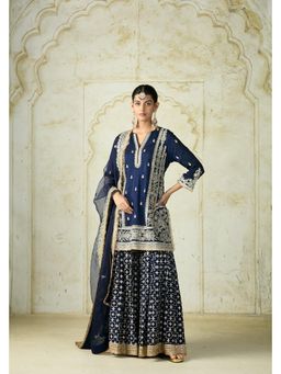 Gopi Vaid - Mumtaz Navy Blue Embroidered Kurta with Sharara and Dupatta