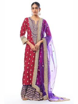 Gopi Vaid - Fator Red Embroidered Kurta with Sharara and Dupatta