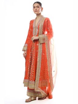 Gopi Vaid - Mehrunissa Red Embroidered Anarkali Kurta with Palazzo and Dupatta