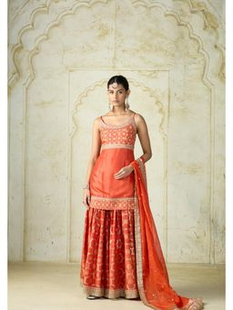 Gopi Vaid - Zainab Orange Embroidered Kurta with Sharara and Dupatta