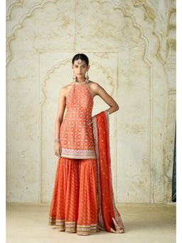 Gopi Vaid - Kainaat Orange Embroidered Kurta with Sharara and Dupatta