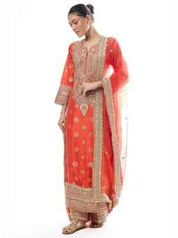 Gopi Vaid - Badeeah Orange Embroidered Kurta with Palazzo and Dupatta