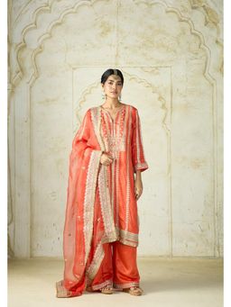 Gopi Vaid - Lakshmi Orange Embroidered Kurta with Palazzo and Dupatta