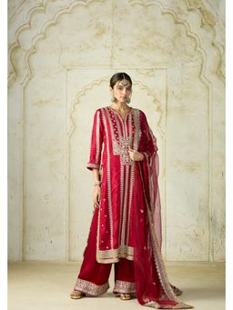 Gopi Vaid - Lakshmi Red Embroidered Kurta with Palazzo and Dupatta