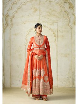 Gopi Vaid - Wajiha Orange Embroidered Anarkali Kurta with Palazzo and Dupatta
