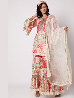 Gopi Vaid - Khushi Red Floral Kurta with Sharara and Dupatta