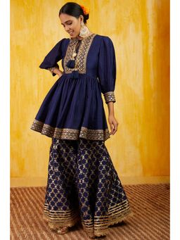 Gopi Vaid - Marigold Navy Blue Embroidered Kurta with Sharara