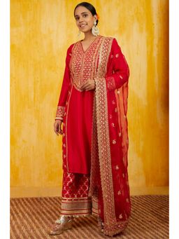 Gopi Vaid - Marigold Red Embroidered Kurta with Palazzo and Dupatta