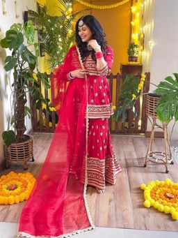 Gopi Vaid - Marigold Red Embroidered Kurta with Sharara and Dupatta