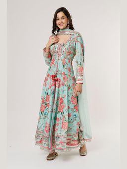 Gopi Vaid - Sukhmani Blue Floral Anarkali Kurta with Palazzo and Dupatta