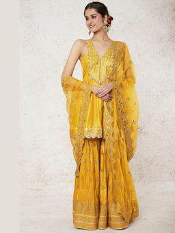 Gopi Vaid - Nabha Mustard Embroidered Kurta with Sharara and Dupatta