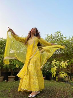 Gopi Vaid - Muzaffar Yellow Embroidered Kurta with Sharara and Dupatta