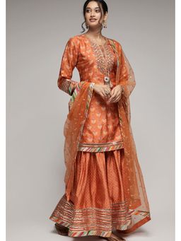 Gopi Vaid - Tilla Orange Floral Kurta with Sharara and Dupatta