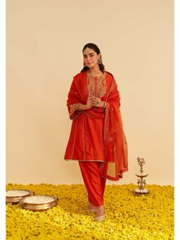 Sheetal Batra - Ayra - Burnt Orange Short Embroidered Chauga Kurta With Salwar And Dupatta