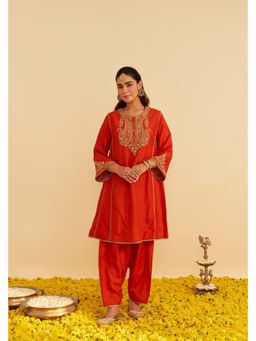 Sheetal Batra - Ayra - Burnt Orange Short Embroidered Chauga Kurta With Salwar