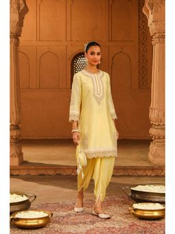 Sheetal Batra - Anika - Lemon Yellow Embroidered Kurta With Dhoti And Dupatta