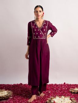 EKOHUM - Modal Silk Fabric A-Line Wine Kurta With Pant