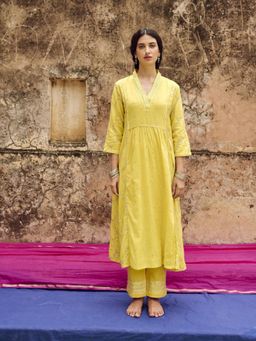 EKOHUM - Embroidered Mulmul Yellow Kurta With Pant
