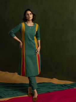 EKOHUM - Cotton Linen Green Kurta With Pant
