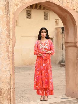 EKOHUM - Modal Embroidered Orange Kurta With Pant Co-Ord's