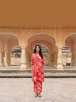EKOHUM - Printed Modal Red Kurta With Pant Co-Ord's