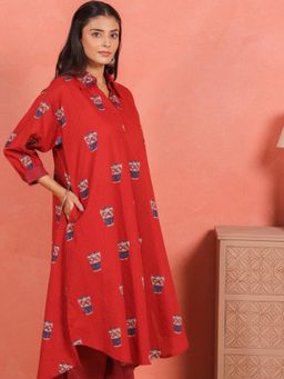 EKOHUM - Cotton Slub Red Kurta With Salwar