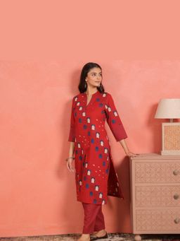 EKOHUM - Cotton Slub Red Kurta With Pant