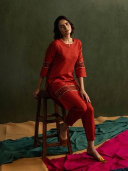 EKOHUM - Cotton Linen Embroidered Red Kurta With Pant Co-Ord's