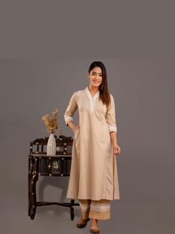 EKOHUM - Chunakhari Printed Cotton Beige Kurta With Pant