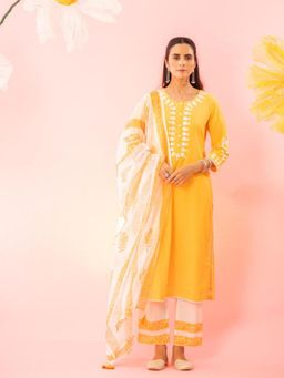 EKOHUM - Woven Dyed Cotton Dobby Yellow Kurta With Pant And Dupatta