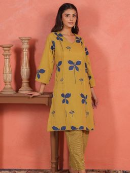 EKOHUM - Cotton Slub Pleated Yellow Kurta With Pant