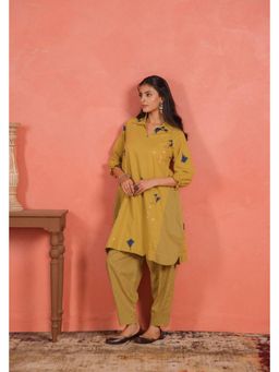EKOHUM - Cotton Slub A-Line Yellow Kurta With Salwar