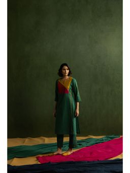 EKOHUM - Cotton Linen Green Kurta With Pant