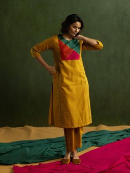 EKOHUM - Cotton Linen Mustard Kurta With Pant Co-Ord's